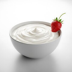 Creamy yogurt in a white bowl, accented by a fresh strawberry, displays a smooth texture and vibrant colors.