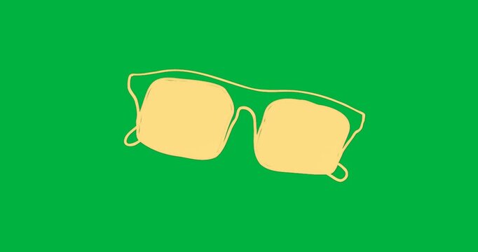 Fashion designer displaying rectangular sunglasses, yellow frame and lenses on transparent backdrop