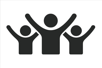 Team celebration icon with three people raising arms, vector illustration for teamwork, success, collaboration, business achievement, charity volunteers, group unity symbol