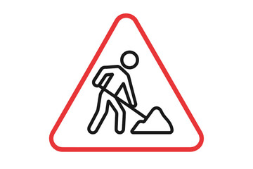 Roadwork symbol icon with man and shovel. Under construction line sign. Vector in red triangle for website maintenance, road work ahead alert, and traffic safety illustration.