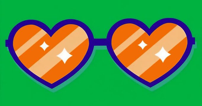 Marketing asset featuring heart sunglasses with purple frame sparkles orange stripes on transparent