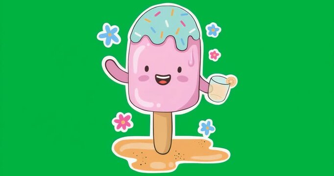 Cartoon popsicle with sprinkles melting holding lemon glass for marketing, transparent background
