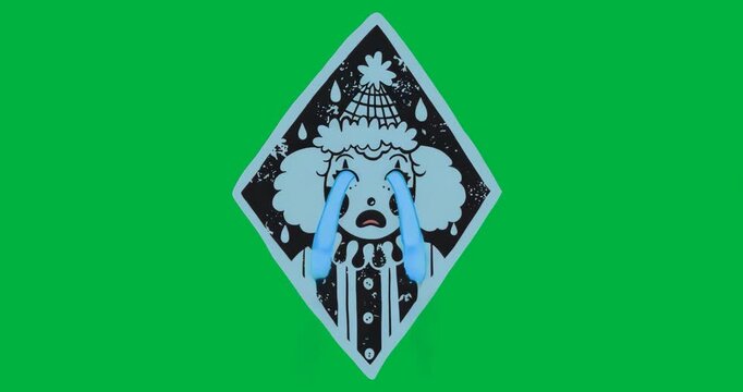 Illustration showing cartoon clown inside diamond frame, flowing tears on transparent background