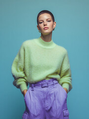 portrait of a cute young women fashion model  wearing pastel green and pastel violet trousers in studio background.