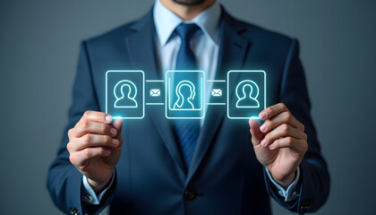 Businessman holding a digital interface representing networking and connection.