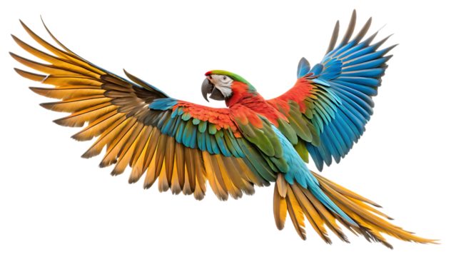 A vibrant macaw parrot in mid flight with its wings fully extended against a black background space