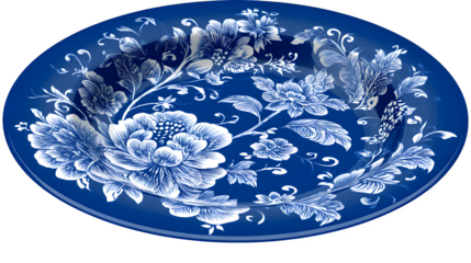Blue and White Porcelain Plate, isolated on transparent background