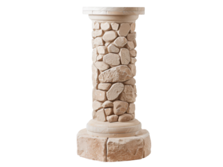 Stone pedestal column with rough textured surface on black ancient architectural isolated on a transparent background
