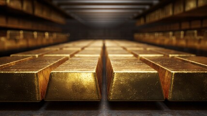 Image of gold bars stacked in a bank vault