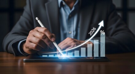 Analyzing business growth trends and financial projections for year 2026 with digital tablet pen