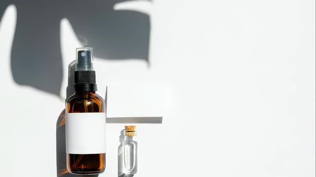 Amber cosmetic spray bottle and clear essential oil vial with blank white label for beauty branding footage