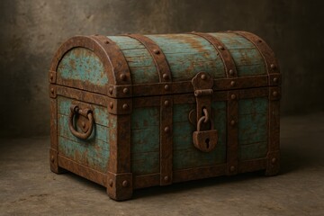 Vintage Treasure Chest: An antique wooden chest, weathered with age, evoking mystery and hinting at hidden valuables. Captured with an artistic studio shot