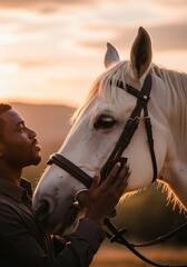 Obraz premium A young Black man shares a tender moment with his beautiful white horse at sunset, highlighting the bond between human and animal
