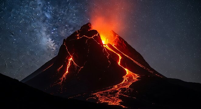 Dramatic nighttime view of a volcanic eruption with flowing lava and a starry sky background.