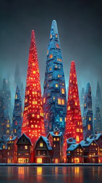 A whimsical landscape featuring colorful, towering structures resembling spires, illuminated warmly against a dim background.