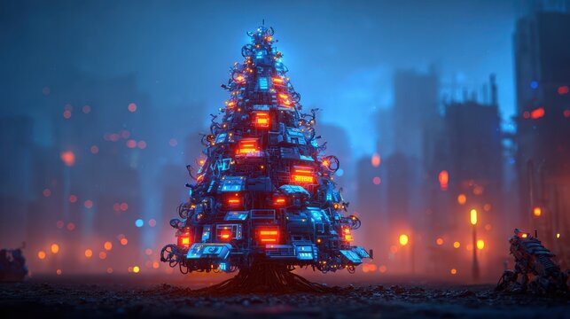 A futuristic Christmas tree made of glowing technology stands against a moody urban backdrop, blending holiday spirit with a cyberpunk aesthetic.