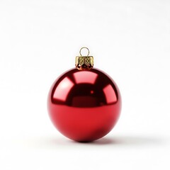 A glossy, vibrant red Christmas ornament, positioned against a plain white background, displays a golden colored hanger.
