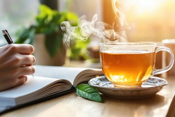Person writing in journal next to steaming cup of tea on wooden table with natural sunlight and green plant in background creating calm and peaceful atmosphere