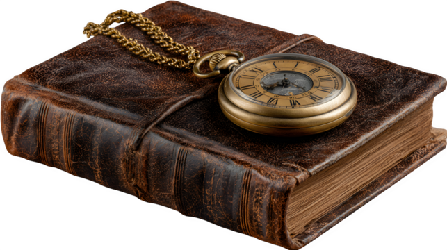 Antique Pocket Watch and Leather Bound Book, isolated on transparent background