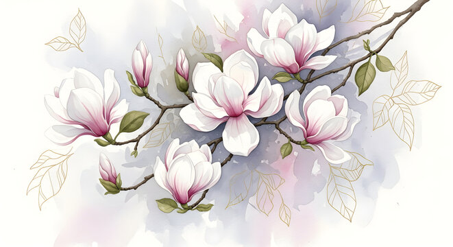 Watercolor painting of white and pink magnolia flowers and buds on a branch with gold accents blossom - Powered by Adobe