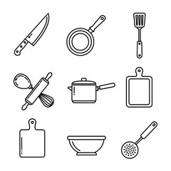 Simple line art illustrations of various kitchen utensils, including a knife, frying pan, spatula, rolling pin, whisk, saucepan, cutting board, mixing bowl, and slotted spoon.