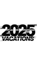 Bold black text graphic design displaying the year 2025 and the word "vacations" in a dynamic, futuristic style.