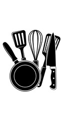 A stylized, black and white graphic featuring essential kitchen tools arranged in a circular design.