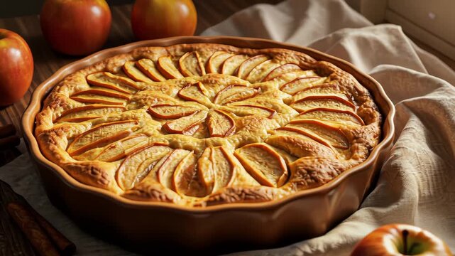 Warm apple pie cooling by sunlit window with rustic decor and cinnamon sticks