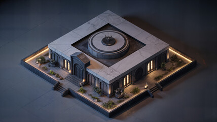 Obraz premium Isometric architectural rendering of a marble building with a fountain at twilight