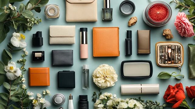 Flat lay arrangement of beauty and fashion accessories