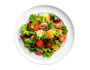 Fresh Mixed Green Salad with Tomatoes, Cucumber, Onion, and Bell Pepper on a White Plate, Isolated on Black, Top View