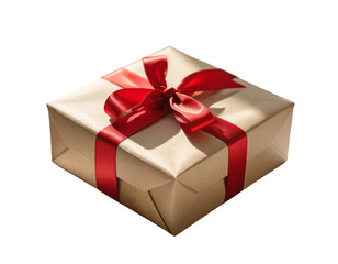 Fototapeta premium Brown kraft paper gift box with bright red satin ribbon and bow, illuminated by natural light, ready for holidays or special occasions.
