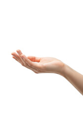 Light-skinned young adult female hand, palm open and relaxed, isolated against a soft white studio background with bokeh and copy space, conveying offering or acceptance concept of purity