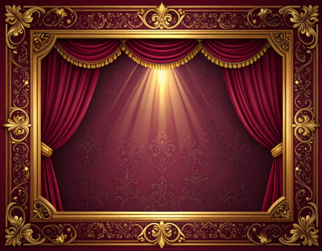 Luxurious theater stage with red velvet curtains, golden spotlight, and ornate frame. Editable A4 vector at 300 DPI, perfect for drama-themed backgrounds, invitations, or classical design projects.
