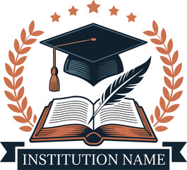 Vintage Educational Logo Design for an Institution.  A classic, vintage-style logo featuring a graduation cap, open book, quill, and laurel wreath.