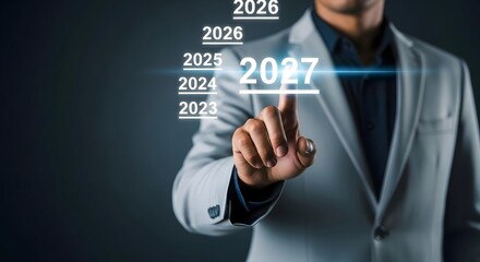 Man touching future year projection screen for business planning and financial strategy concept
