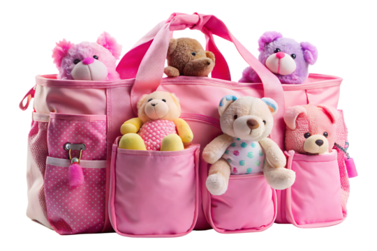 Pink Tote Bag Overflowing with Cute Teddy Bears and Plush Toys pink bag toy bag isolated on a transparent background