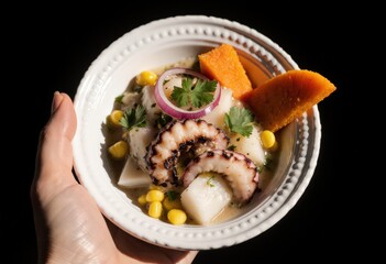 Traditional latin american seafood dish with octopus, corn, and sweet potatoes served in white bowl