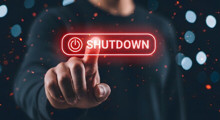 Shutdown button concept with finger pressing power off symbol for system halt and termination process