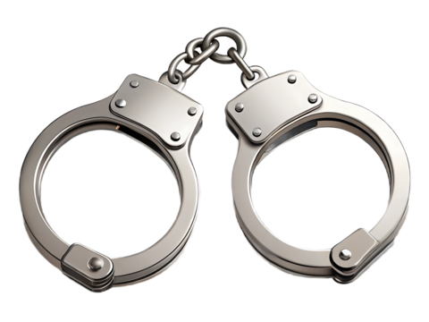 Polished Metal Handcuffs Linked Together Isolated on steel silver isolated on a transparent background