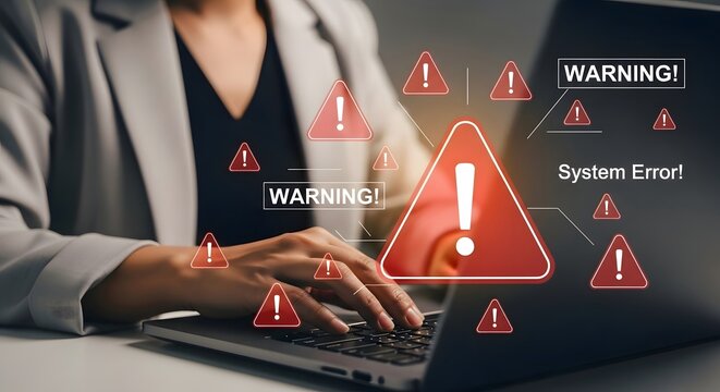 System error on laptop computer showing warning signs and alerts for troubleshooting help online now