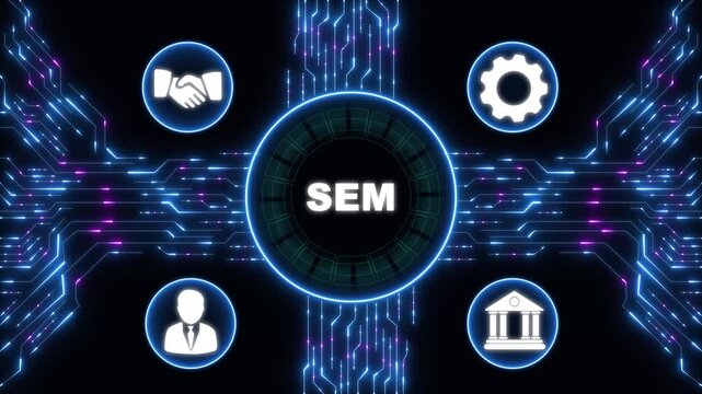 SEM Search Engine Optimization Marketing Ranking concept for website.Data moving on Circuit Board background.