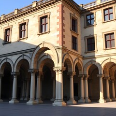 Obraz premium A sun-drenched courtyard of a historic European university building, featuring arched colonnades and classical architecture.