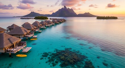 Fototapeta premium A breathtaking aerial view of overwater bungalows at sunset, showcasing a tranquil lagoon and distant islands.