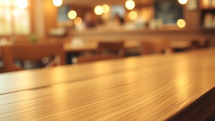 Obraz premium A wooden table with subtle grain texture and abstract bokeh lights, creating a warm and inviting restaurant ambiance.