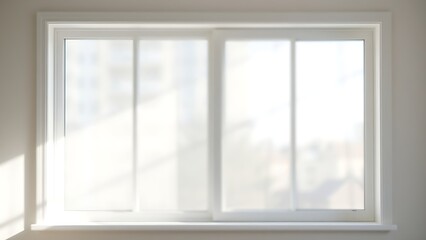 Closed white window frame against blurred interior wall, soft daylight filtering through.