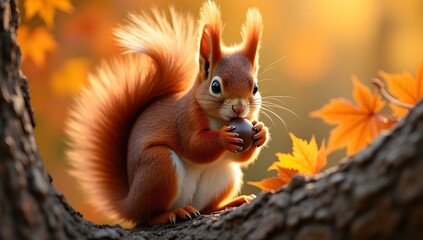 A cute red squirrel sits on a branch with autumn leaves, eating a nut and enjoying the warm golden light of the season.