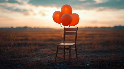 Four vibrant orange balloons are playfully tied to a simple wooden chair, set against the golden hues of a serene sunset in an expansive, open field landscape.