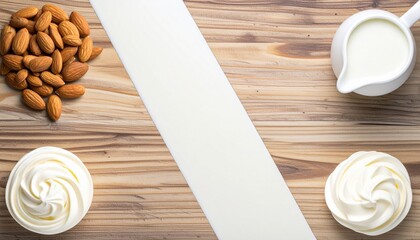 Creamy Swirls, Almonds, and Milk on Wooden Background