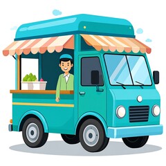 Turquoise food truck with vendor